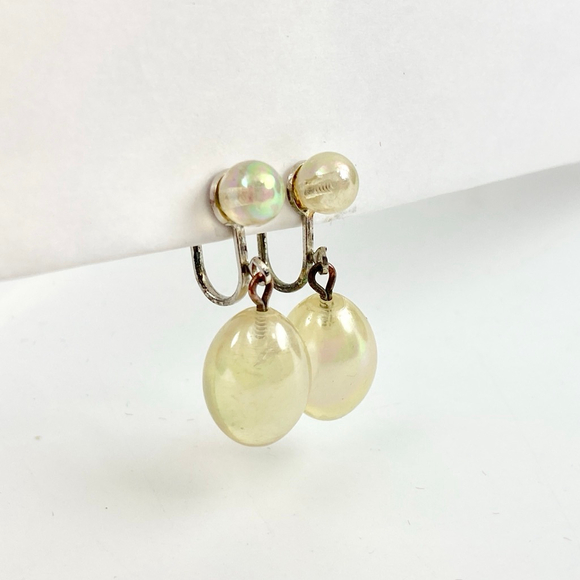 Antique Rainbow Iridescent Bubble Glass Sterling Drop Earrings. Screwback. - Picture 5 of 9